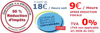 APRES DEDUCTION FISCALE A partir de   9 / Heure TVA 0%   (TVA non applicable art 293b du CGI)  18 / Heure soit
